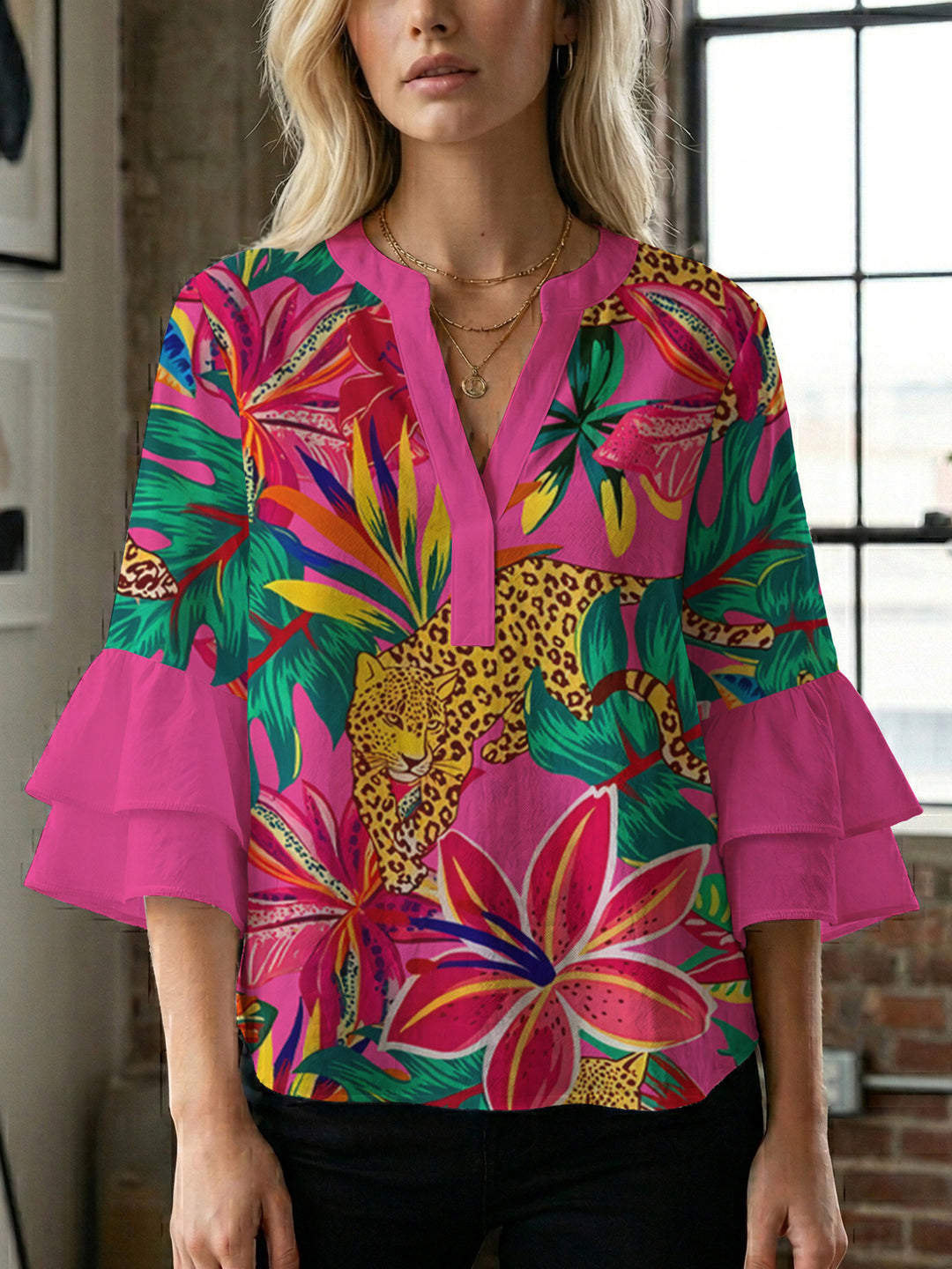 Damen lässige Bluse mit Volantärmeln und botanischem Druck Drune
