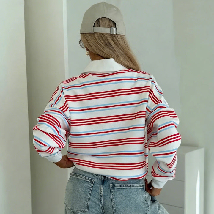 Damen Lässiger Polo-Sweater mit Streifenmuster und weitem Schnitt Drune