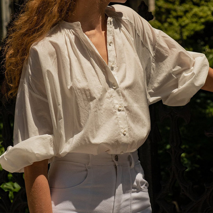 Damen Bluse mit hohem Kragen und eleganter Knopfleiste Drune