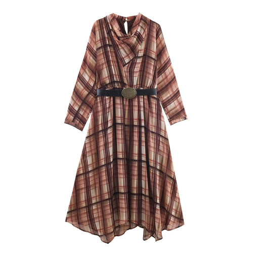 Damen Langarm Kleid im karierten Design mit asymmetrischem Saum und Bindegürtel Drune