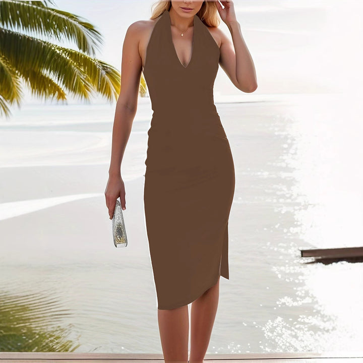 Damen elegantes Wickelkleid mit tiefem V-Ausschnitt und figurbetontem Schnitt Drune