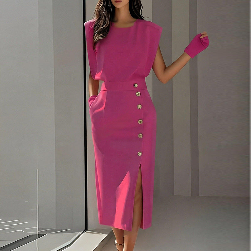 Damen Elegantes Midi-Kleid mit Knopfdetails und Seitenschlitz Drune