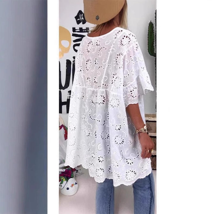 Damen Bluse mit floralen Stickereien und weiten Ärmeln Drune