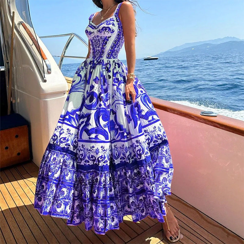 Damen Maxikleid mit aufwendigem ornamentalen Design und weit schwingendem Rock Drune