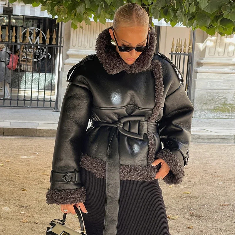 Damen Modische Winterjacke mit Kunstfellkragen Drune