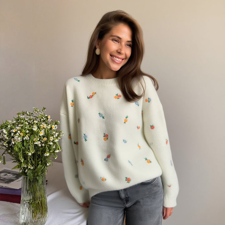 Damen lockerer Strickpullover mit floralem Muster Drune