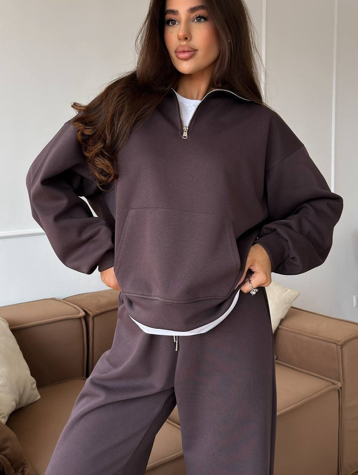 Damen nan weites Halfzip-Lounge-Set mit Kapuzenpullover, Kängurutasche und fließender Wide-Leg-Hose Drune