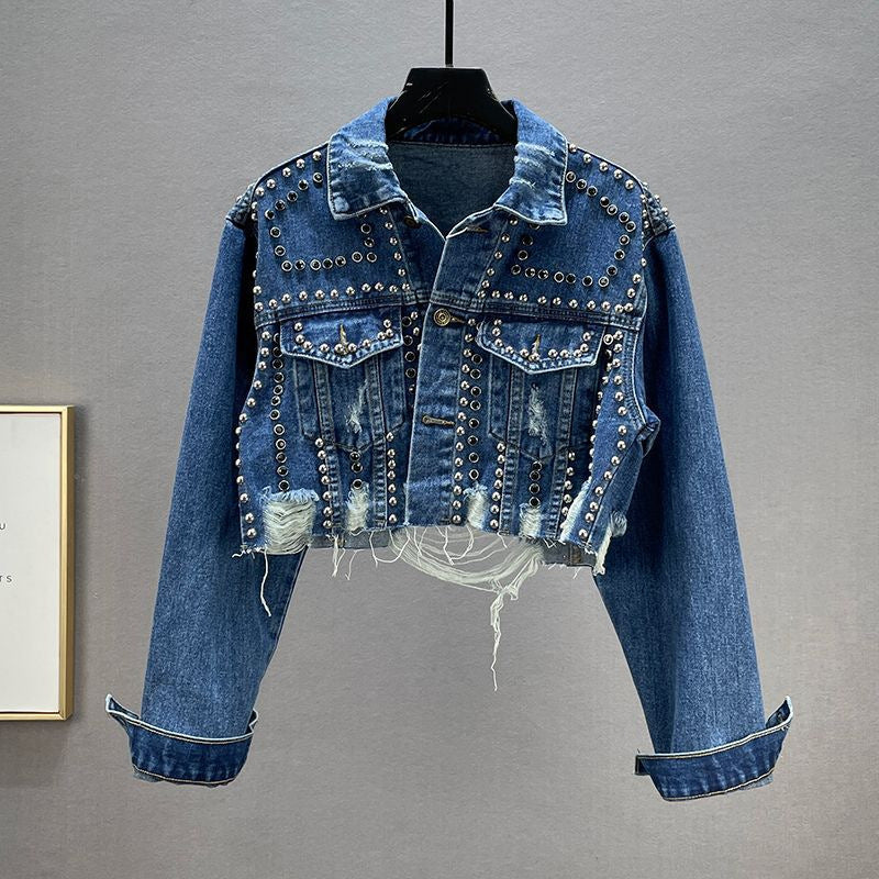 Damen Designer Denimjacke mit Nieten und Fransen Drune