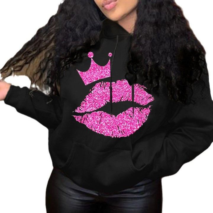 Damen Kapuzensweatshirt mit auffälligem Lippenmotiv und Krone Drune