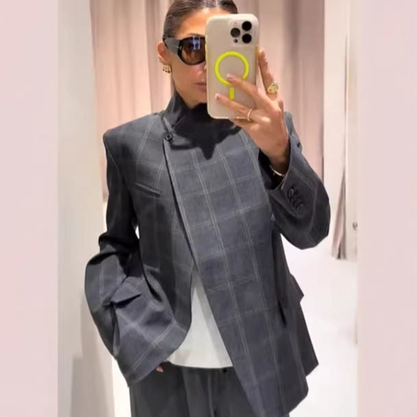 Damen nan taillierter Karo-Mantelblazer mit Stehkragen, asymmetrischer Knopfblende und Pattentaschen Drune