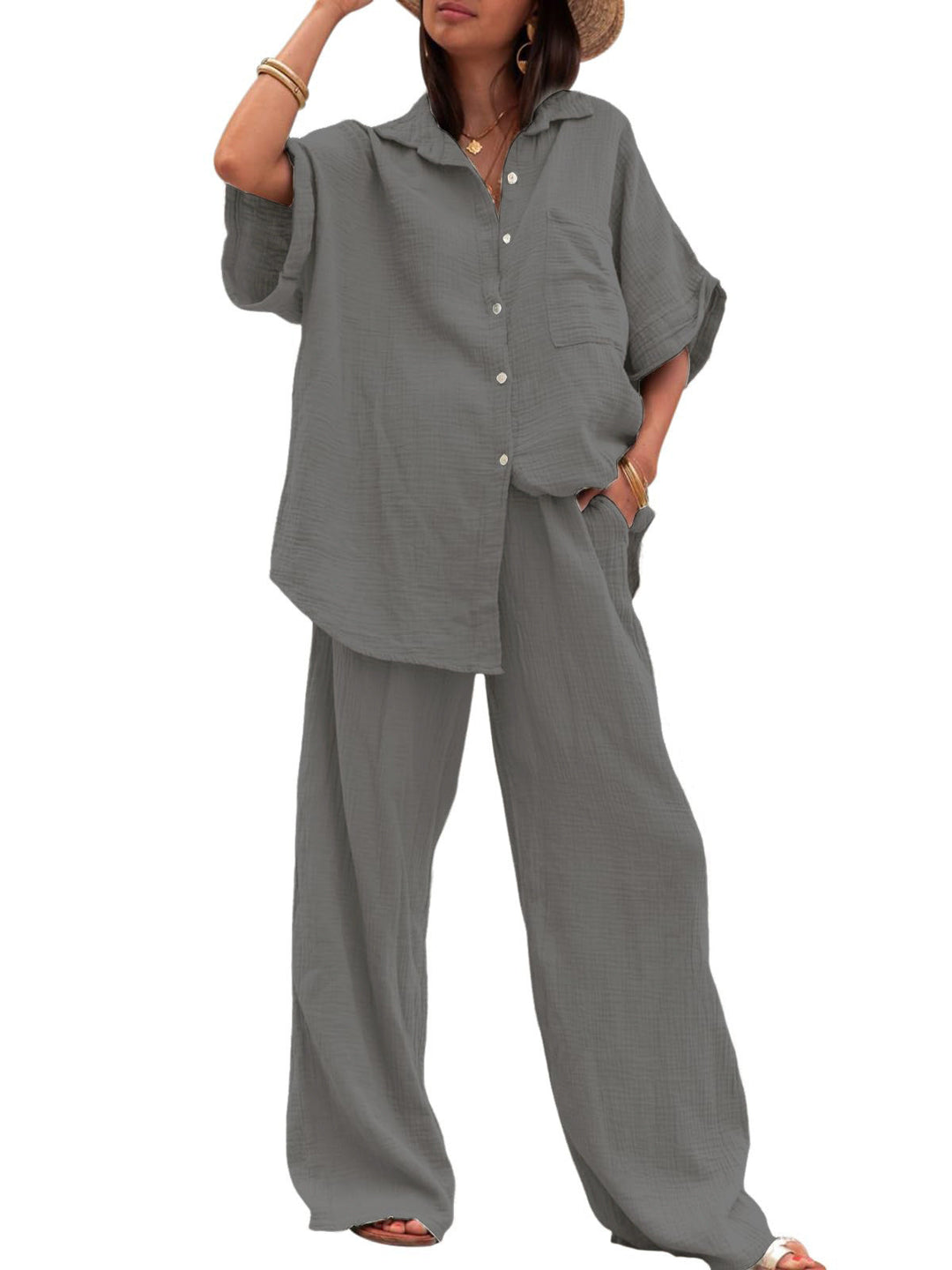 Damen luftiges Oversize-Hemd und weite Hose Set Drune