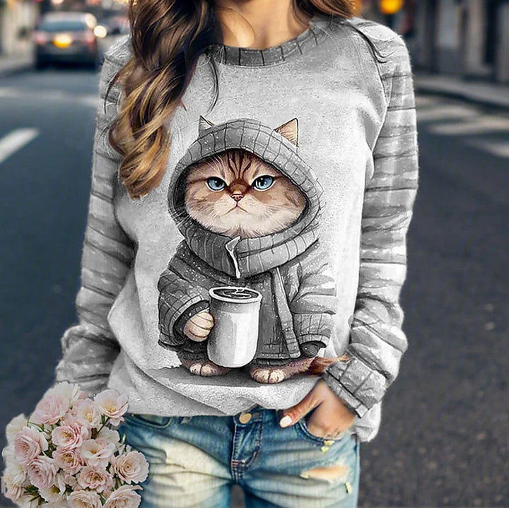 Damen Sweatshirt mit Katzenmotiv Drune