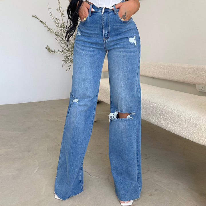 Damen Weit geschnittene Jeans mit distressed Details und hohem Bund Drune