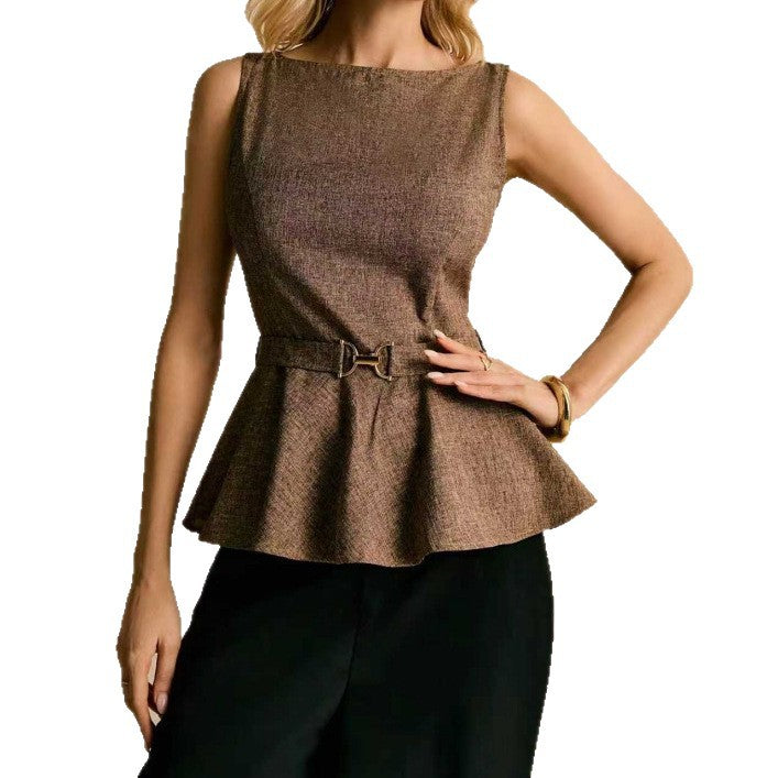 Damen Peplum Top mit schmalem Gürtel und klassischem Schnitt Drune