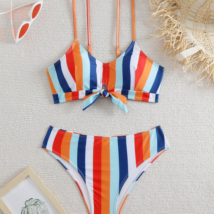 Damen Bikini-Set mit modischem Knoten und buntem Streifenmuster Drune