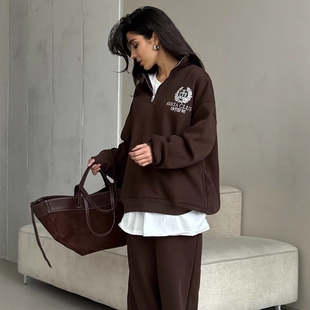 Drune | Halbzip Sweatshirt Übergröße Fit Gestickte Vorderseite Weicher Baumwollmix
