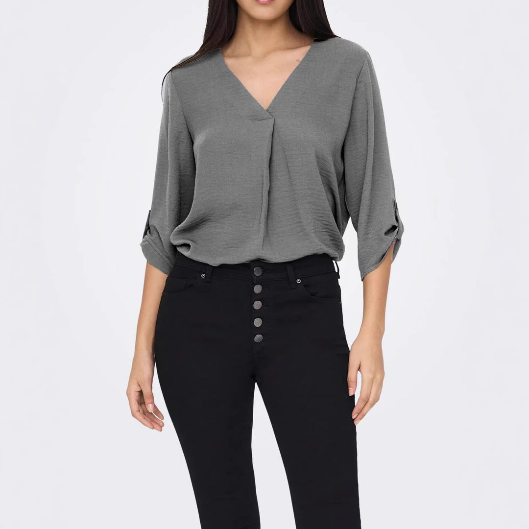 Damen luftige Bluse mit V-Ausschnitt und hochrollbaren Ärmeln Drune