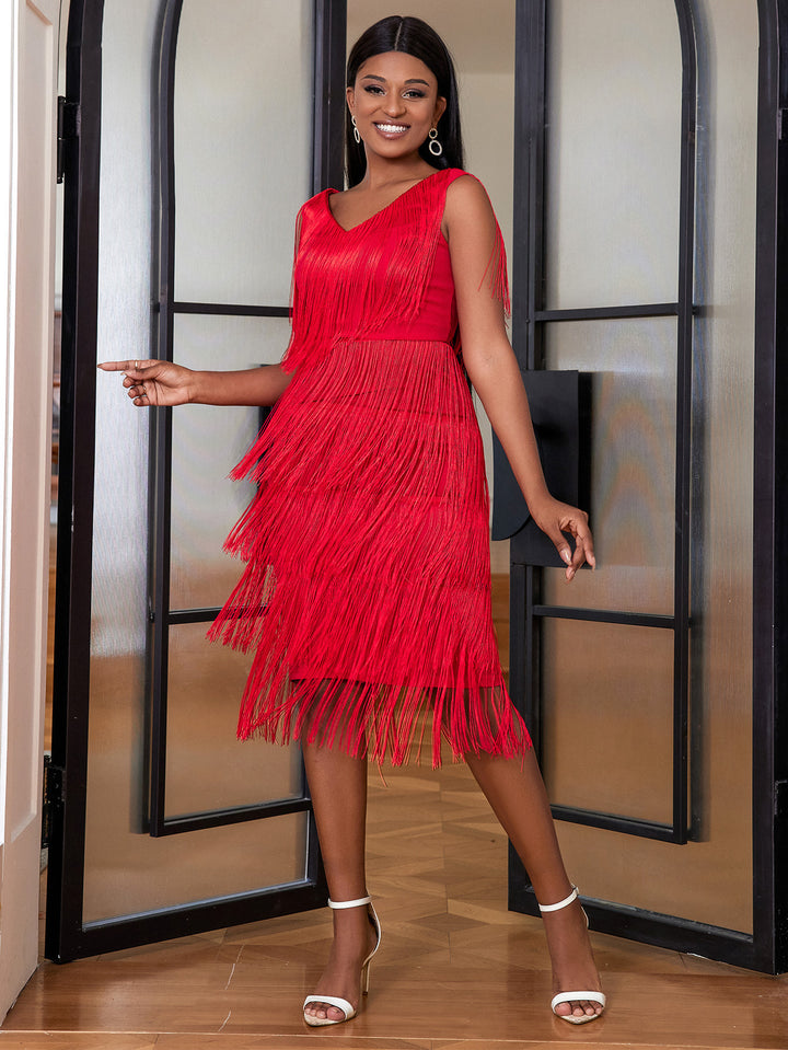 Damen elegantes Fransenkleid mit V-Ausschnitt Drune