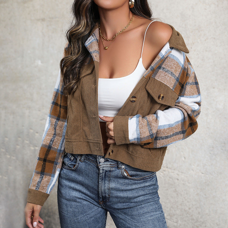 Damen elegante Karottenjacke mit karierten und cordartigen Elementen Drune