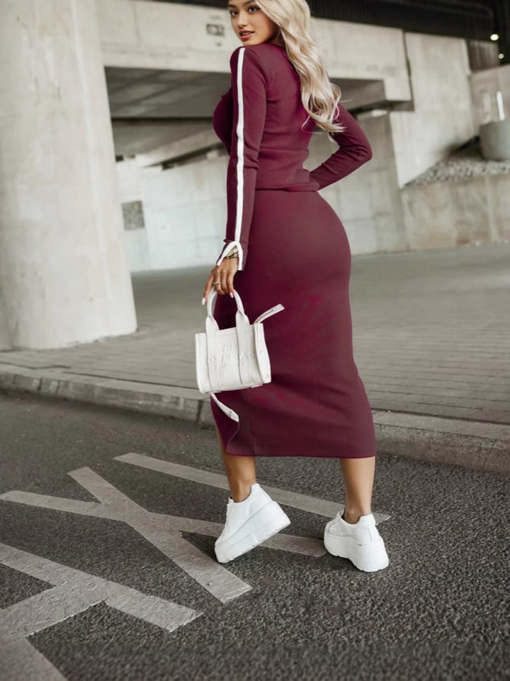 Damen Elegantes Strick-Kleid mit Seitenschlitz und Kontraststreifen Drune