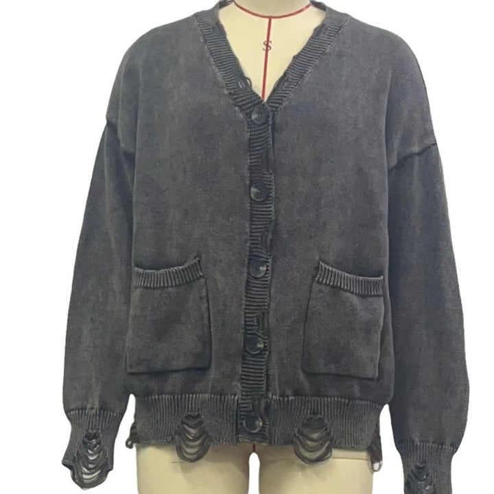 Damen lässiger Oversized-Pullover mit V-Ausschnitt und Taschen Drune