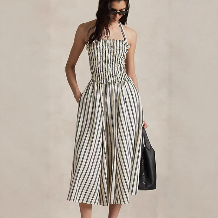 Damen nan Midikleid mit gerafftem Smock-Oberteil, abnehmbarem Neckholder und Eingrifftaschen Drune