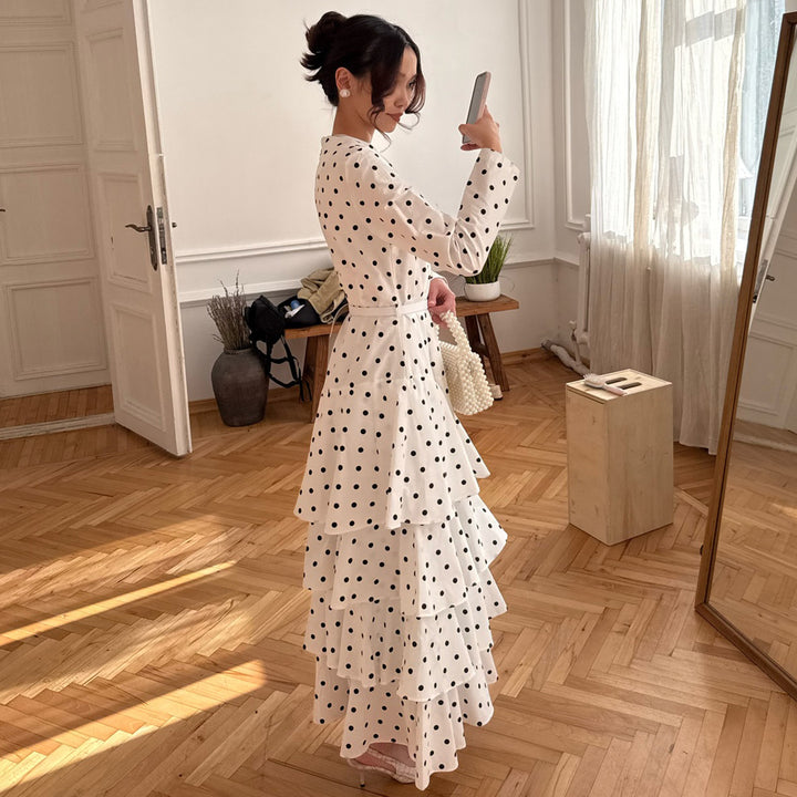 Damen Maxikleid mit Rüschendetails und modischem Punktedesign Drune