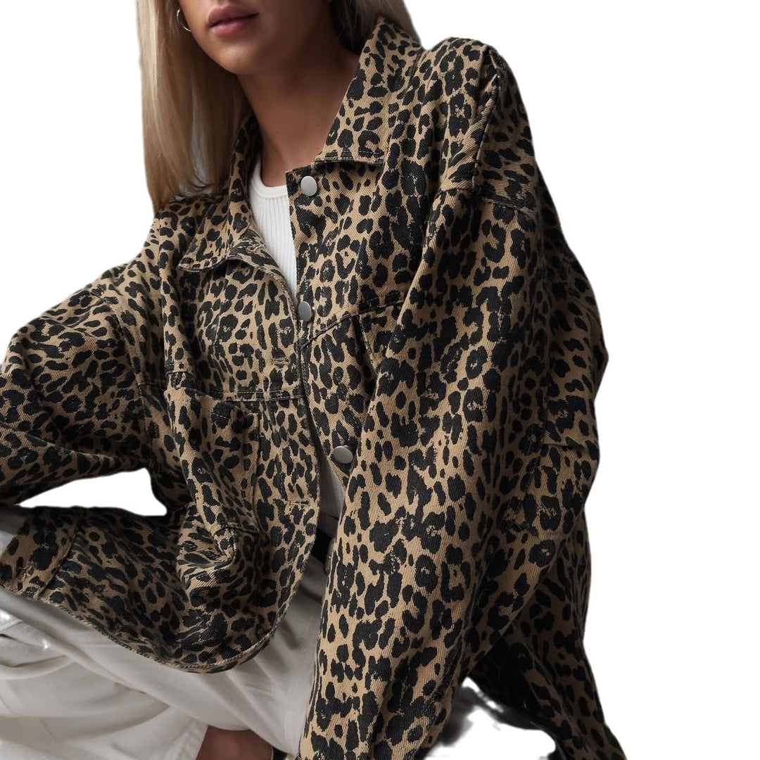 Damen Trendige Oversized Jeansjacke mit Leopardenmuster Drune