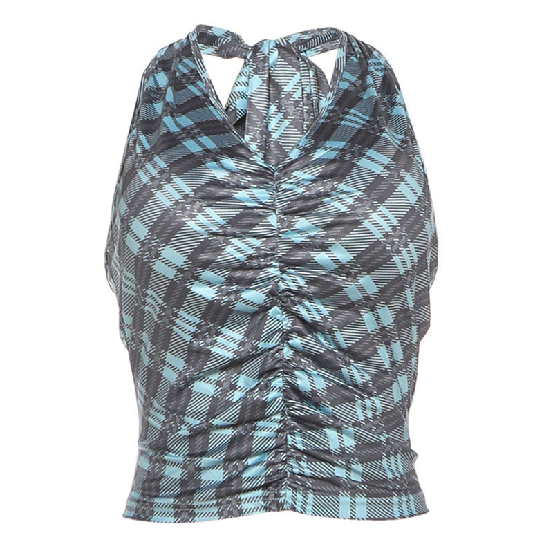Damen Kurzarm Blusen-Top mit gerafftem Design und modischem Karomuster Drune