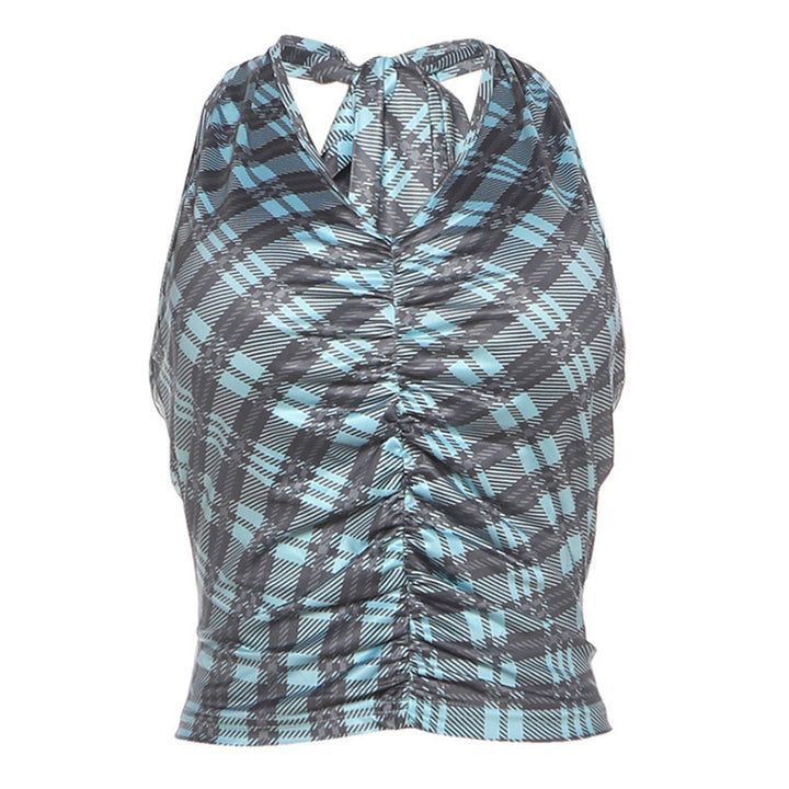 Damen Kurzarm Blusen-Top mit gerafftem Design und modischem Karomuster Drune