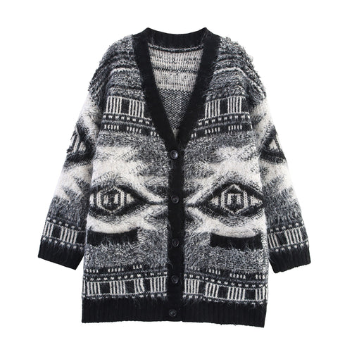 Damen Gemusterter Langarm-Cardigan mit Knopfleiste Drune