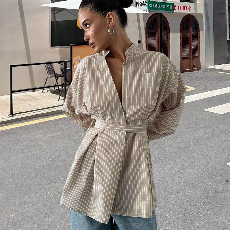 Damen elegante Bluse mit tailliertem Schnitt und Gürtel Drune