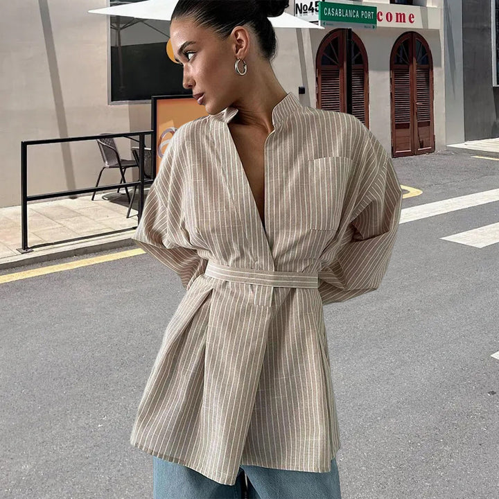 Damen elegante Bluse mit tailliertem Schnitt und Gürtel Drune