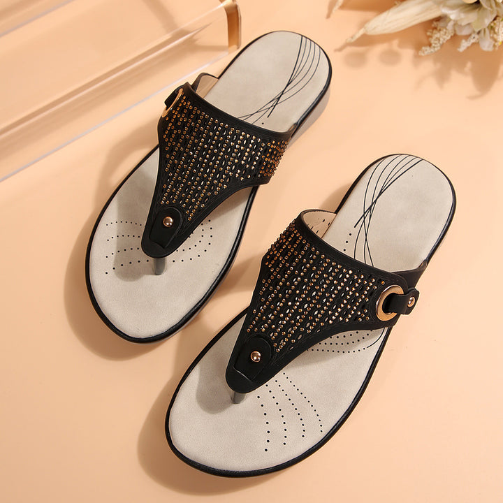 Damen nan Zehensteg-Pantoletten mit viskoelastischem Komfortfußbett, dekorativer Ösenapplikation und perforierter Innensohle Drune