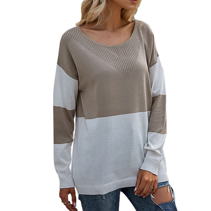 Damen lässiger Strickpullover mit modernem Blockdesign und hohem Rundhals Drune