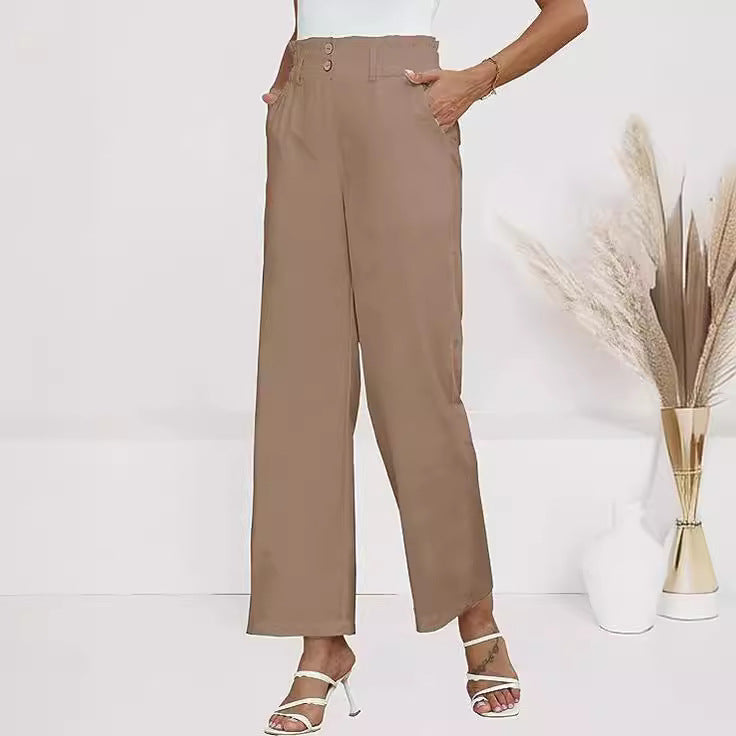 Damen weite Stoffhose mit elastischem Bund und modischen Knopfdetails Drune