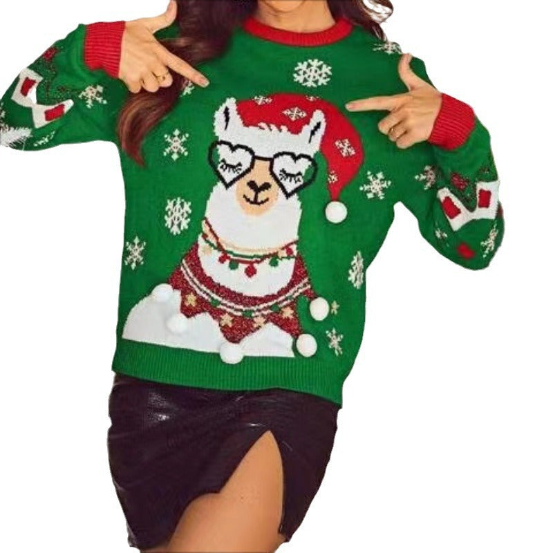 Damen Weihnachtspullover mit verspieltem Lama-Motiv und dekorativen Pompons Drune