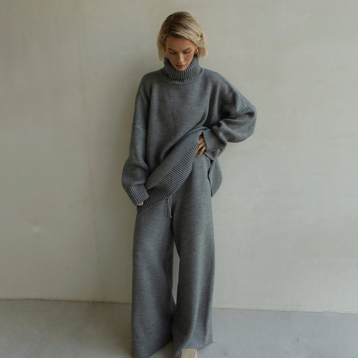 Damen Lässiger Strickanzug mit hoher Kragen und weitem Bein Drune