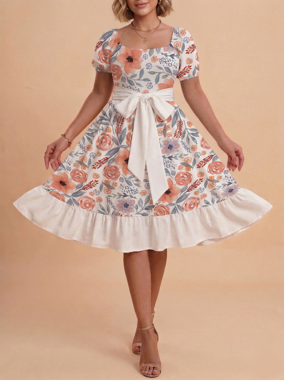 Damen Blumenkleid mit taillierbarem Gürtel und voluminösen Ärmeln Drune