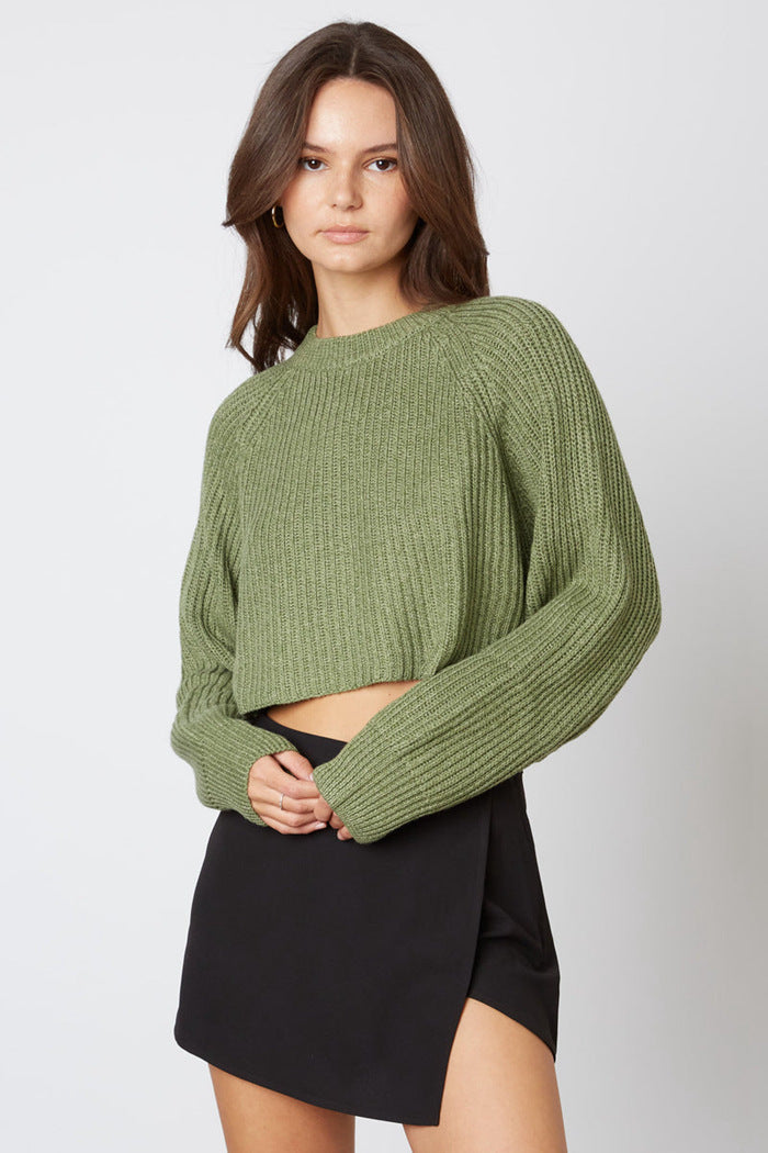 Damen trendiger, kurzer Strickpullover mit Rippenstruktur und überschnittenen Schultern Drune