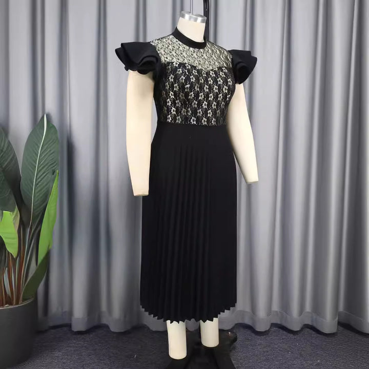 Damen Elegantes Plisseekleid mit floralem Spitzenoberteil Drune