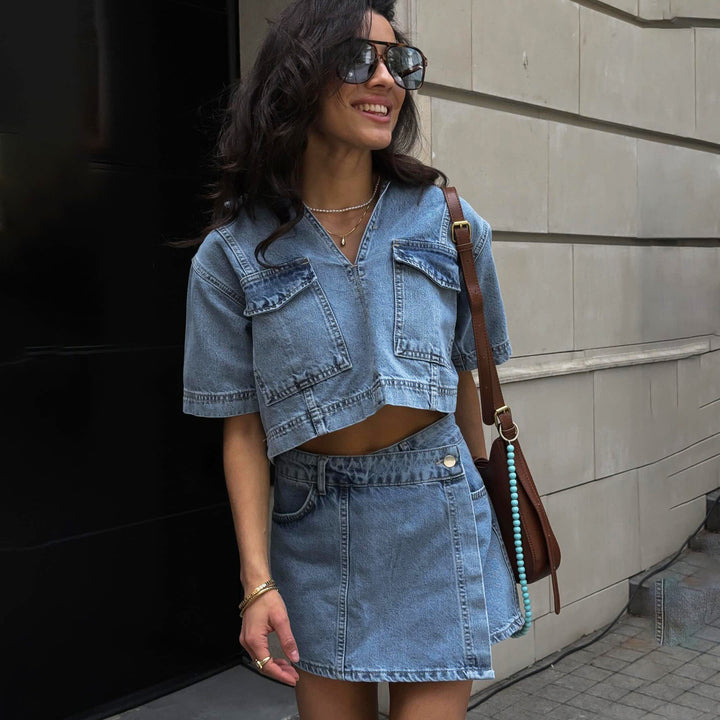 Damen Denim-Crop-Top und Rock-Set Drune