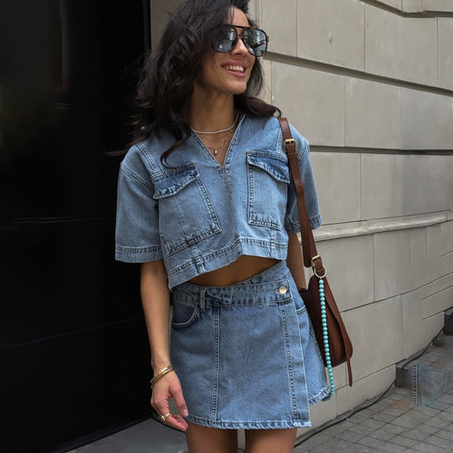 Damen Denim-Crop-Top und Rock-Set Drune