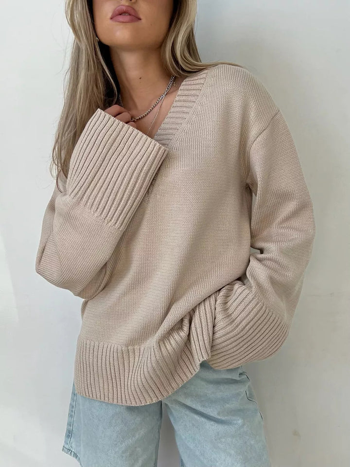 Damen nan oversized Feinstrickpullover mit tiefem V-Ausschnitt, gerippten Bündchen und lockerer Silhouette Drune