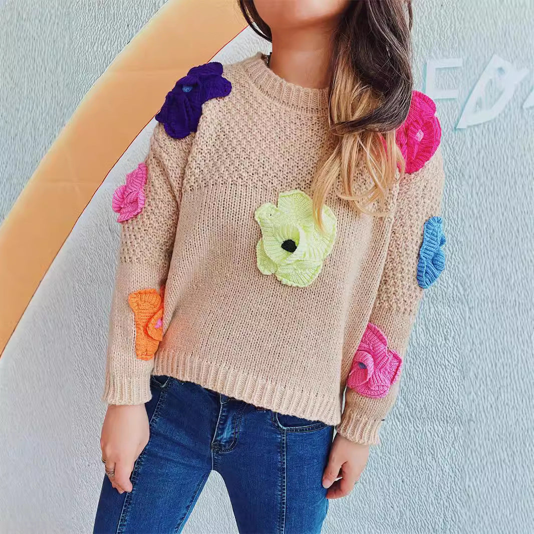 Damen lässiger Pullover mit bunten Blumenapplikationen Drune