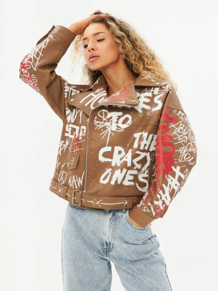 Damen Kunstlederjacke im Graffiti-Stil Drune