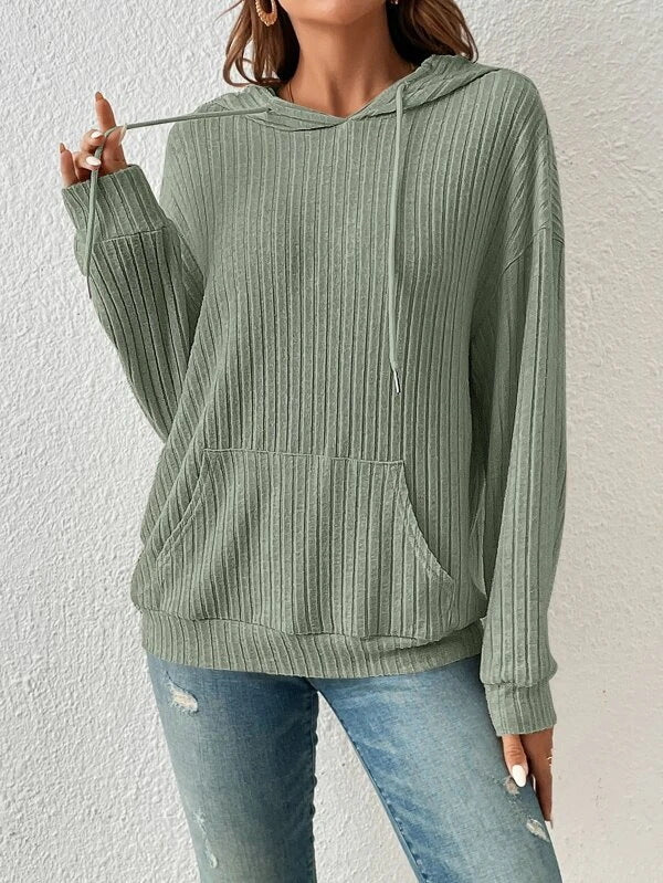 Damen lässiger Kapuzenpullover mit Rippenstruktur und Kängurutasche Drune