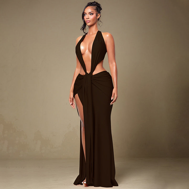 Damen Cut-Out Maxikleid mit tiefem V-Ausschnitt und drapiertem Design Drune