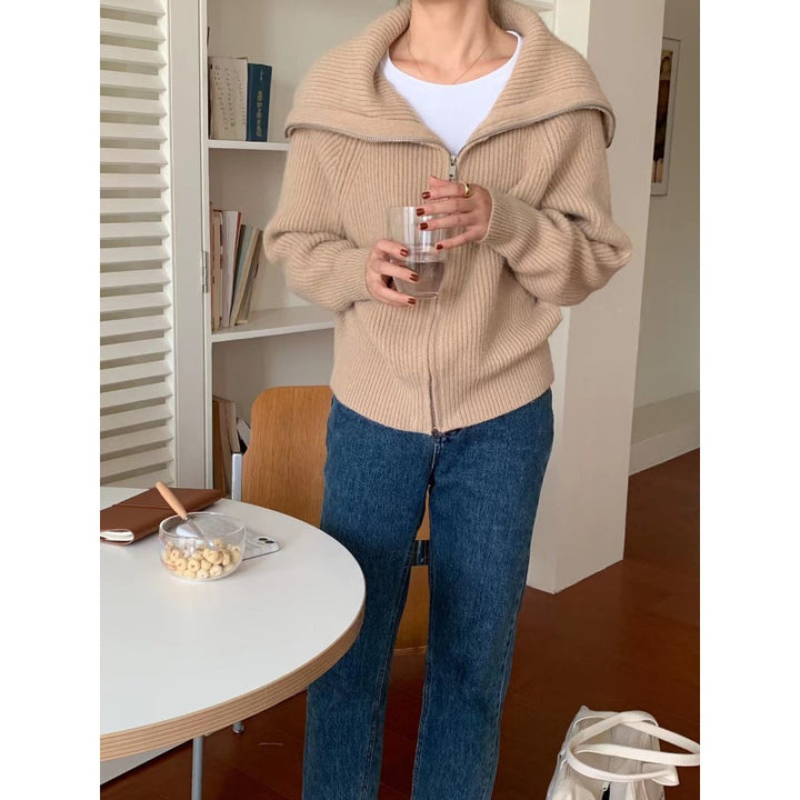 Damen gemütlicher Strickjacke mit offener Front und modischem Kragen Drune