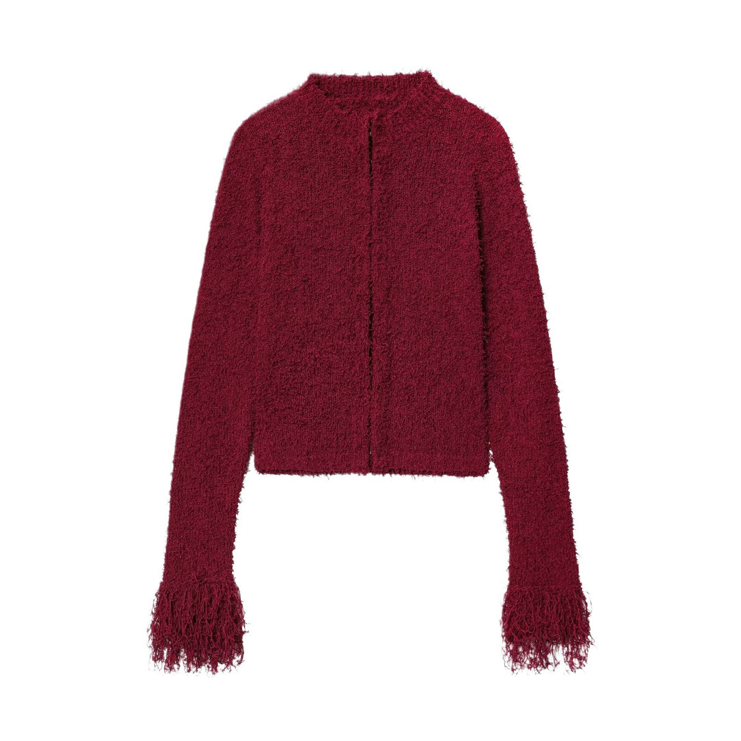 Damen Kuschelige Strickjacke mit fransigen Ärmeln und modischem Kragen Drune